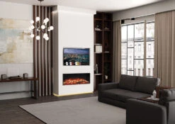 Onyx Avanti Electric Fire -Heating Equipment Store Avanti 110RW with optional Split Oak Log effect installed as a single sided fire. Shown with optional Mood Lighting System