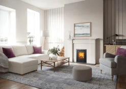 Stovax Riva2 40 -Heating Equipment Store Riva2 40 3 Sided Profil Frame and Claremont Antique Limestone mantel JW001