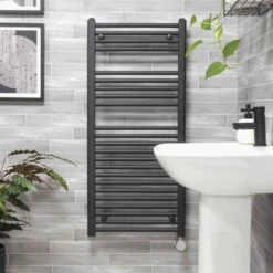 Ecostrad Fina-E Bluetooth Electric Towel Rail - Anthracite 400w (500 X 1200mm) -Heating Equipment Store fina anthracite 500x1100 moa face 2 1