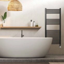 Ecostrad Fina-E Thermostatic Electric Towel Rails - Black -Heating Equipment Store fina e thermostatic 500x1200 lifestyle 1 1