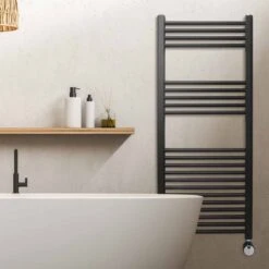 Ecostrad Fina-E Thermostatic Electric Towel Rails - Black -Heating Equipment Store fina e thermostatic 500x1200 lifestyle 2 1