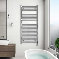 Ecostrad Fina-E Thermostatic Electric Towel Rail - Chrome 300w (500 X 1100mm) -Heating Equipment Store fina e 1100x500 fe t 30 c lifestyle