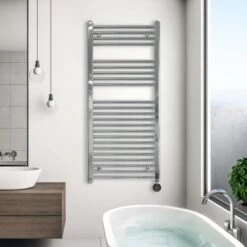 Ecostrad Fina-E IQ WiFi Electric Towel Rail - Chrome -Heating Equipment Store fina e iq wifi 300w 500x1100 lifestyle 1 1