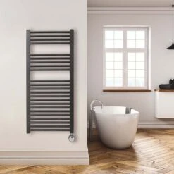 Ecostrad Fina-E Thermostatic Electric Towel Rails - Black -Heating Equipment Store fina e thermostatic 500x1100mm black 300w lifestyle 1 1