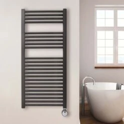 Ecostrad Fina-E Thermostatic Electric Towel Rails - Black -Heating Equipment Store fina e thermostatic 500x1100mm black 300w lifestyle 2 1