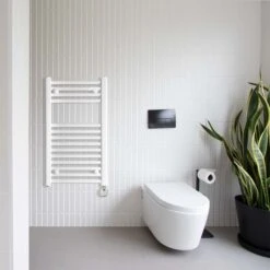 Ecostrad Fina-E Thermostatic Electric Towel Rail - White -Heating Equipment Store fina e white 150w thermostatic lifestyle 1