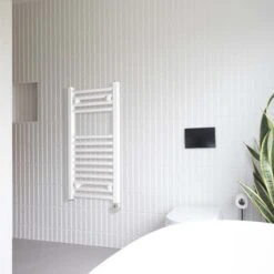 Ecostrad Fina-E Thermostatic Electric Towel Rail - White -Heating Equipment Store fina e white angle 150w thermostatic lifestyle 1