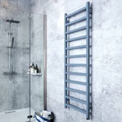 Terma Simple ONE Designer Electric Towel Rail - Blue 600w (500 X 1440mm) -Heating Equipment Store simple one 1440x500 pigeon blue lifestyle 2